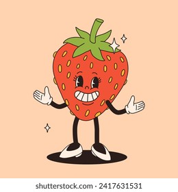 Groovy strawberry mascot. Funky retro character. cartoon strawberry, smiling, walking. Funny vintage trendy style character. Doodle Comic collection