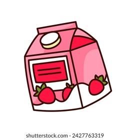 Groovy strawberry milk pack cartoon sticker. Funny retro yogurt cute pink package, fruit juice or milk in box with cap, cartoon Asian drink and food badge of 70s 80s style vector illustration