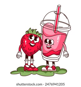 Groovy strawberry and pink milkshake cartoon characters friends. Funny retro friendship of ingredients for strawberry cocktail, summer food mascot, cartoon sticker of 70s 80s style vector illustration