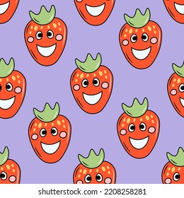 Groovy Strawberry sin costuras. Gracioso trasfondo retro psicodélico.  Vibes de 70, 80, 90, 00 con elementos vaporizadores de onda de caricatura sonriendo