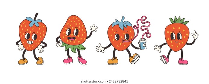 Groovy strawberry set. Hand draw Funny Retro vintage trendy style strawberry cartoon character. Doodle Comic collection