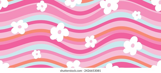 Groovy stripe and daisy flowers seamless vector. Hippie retro style for print in pinks and pretty colours. for teens, girls fashion and fabric, stationary and background