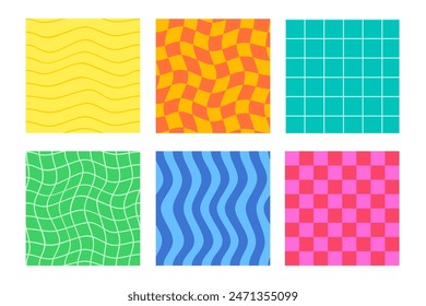 Groovy striped and checkered seamless patterns set. Cute  backgrounds for kids or fabric. Funky hippie fashion textile print, retro background with distorted grid tile pattern set. Vector illustration