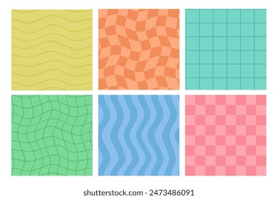 Groovy striped and checkered seamless patterns set. Cute  backgrounds for kids or fabric. Funky hippie fashion textile print, retro background with distorted grid tile pattern set. Vector illustration