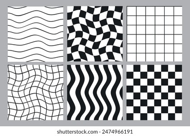 Groovy striped and checkered seamless patterns set. Cute  backgrounds for kids or fabric. Funky hippie fashion textile print, retro background with distorted grid tile pattern set. Vector illustration