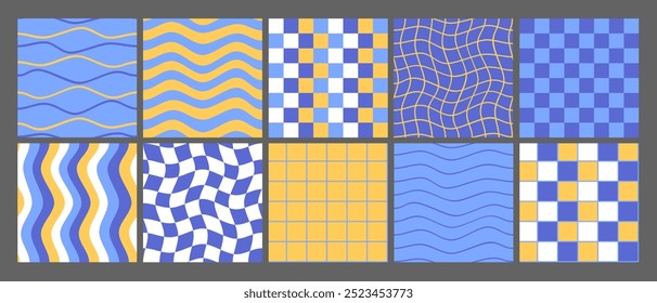 Groovy listrado e xadrez sem emenda padrões definidos. Fundo bonito para crianças ou tecido. Funky moda hippie impressão têxtil, fundo retro com padrão de telha de grade distorcida definido. Ilustração vetorial