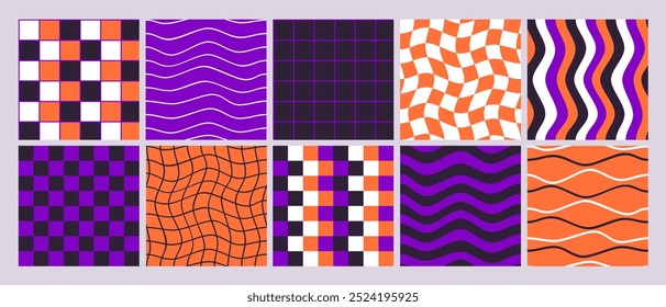 Conjunto de patrones sin costuras a rayas y cuadros. Fondos lindos para niños o tela. Funky otoño Halloween impresión, fondo retro con patrón de mosaico de rejilla distorsionada conjunto. Ilustración vectorial