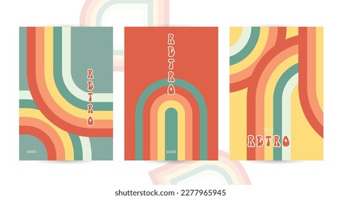 Groovy striped design poster, abstract 1970s vector set. Minimalistic old-fashioned cover for artwork. Set with retro 70s geometric posters, vintage rainbow colorful background. Vector illustration