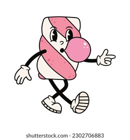 Groovy striped marshmallow character blowing bubble gum. Cute retro mascot. Cartoon isolated vector illustration.