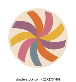 Groovy striped multicolor swirl circle. Retro vector hypnosis sign. Hippie spiral. 