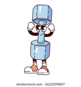 Groovy strong dumbbell cartoon character with raised fists. Funny retro gym equipment showing muscle strength. Sport mascot, cartoon happy dumbbell sticker of 70s 80s style vector illustration