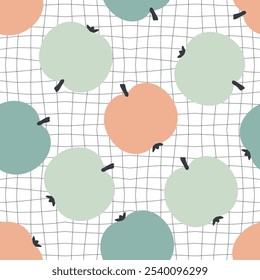 O estilo Groovy aplica um padrão perfeito em um plano de fundo distorcido por grade. Impressão estética hippie para tecido, papel, têxtil. Ilustração vetorial geométrica desenhada à mão.