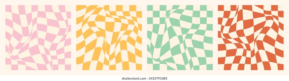 Fondos de estilo Groovy. Fondos abstractos en el estilo Y2k. Fondos distorsionados geométricos contemporáneos para banners, afiches, marketing en redes sociales, envases y cubiertas