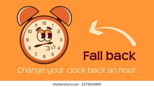 Groovy style clock character. Fall back. Daylight saving time end.