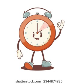 Groovy style clock character with smiling face. Fall back clock. Daylight saving time end concept.