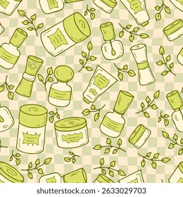Groovy style cosmetic jars with green leaves seamless pattern on checkered background. Perfect print for label, sale, card, textile. Hand drawn vector illustration.
 - Powered by Shutterstock - Get 15% off with code: PIKWIZARD15