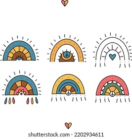 Groovy style, Cute boho rainbow, hippie design elements