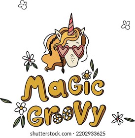 Groovy style, Cute unicorn, hippie design elements