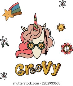 Groovy style, Cute unicorn, hippie design elements