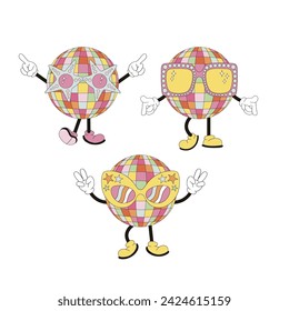 Groovy style dancing disco ball in retro sunglasses vector illustration set isolated on white. 60s 70s 80s retro party elements print collection.