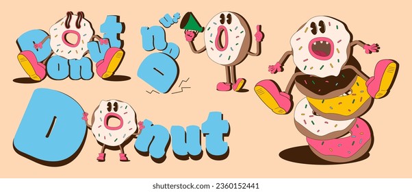 Groovy style donut character set. Cute donut mascot with text Donut. Vector, flat illustration in retro style.