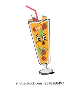 Groovy style drink. Retro design. Vector stock illustration. 60s and 70s.  Isolated. A glass with a straw. Character. Cocktail