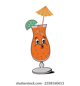 Groovy style drink. Retro design. Vector stock illustration. 60s and 70s.  Isolated. A glass with a straw. Character. Umbrella