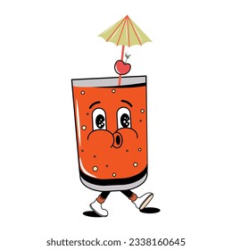 Groovy style drink. Retro design. Vector stock illustration. 60s and 70s.  Isolated. A glass with a umbrella. Character.