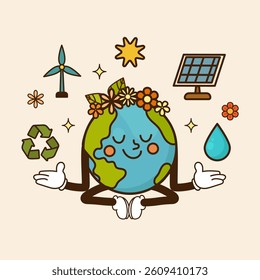Groovy Style Earth character meditating surrounded by eco friendly symbols solar panel, wind turbine, recycling sign, sun and water drop,for Earth Day, retro environmental posters, sustainable .Vector
