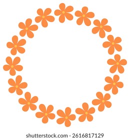 Groovy style flowers circle frame, wreath.  Simple flowers minimalistic style. Geometric flower. Vector illustrations. Retro bright flowers