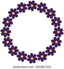 Groovy style flowers circle frame, wreath.  Simple flowers minimalistic style. Geometric flower. Vector illustrations. Retro bright flowers