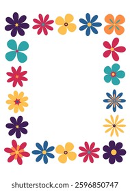 Groovy style flowers rectangle frame.  Simple flowers minimalistic style. Geometric flower. Vector illustrations. Retro bright flowers	
