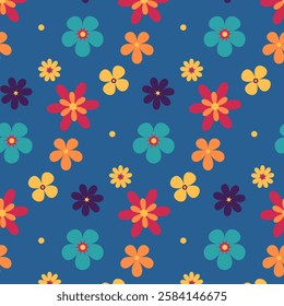 Groovy style flowers seamless pattern. Simple flowers minimalistic style. Floral background. Vector illustrations. Retro bright flowers