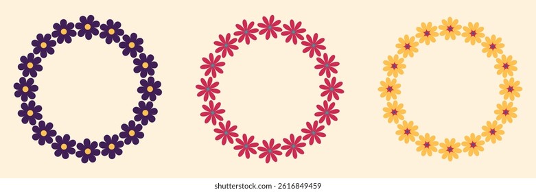 Groovy style flowers wreaths set. Circle frames collection. Simple flowers minimalistic style. Geometric flower. Vector illustrations. Retro bright flowers