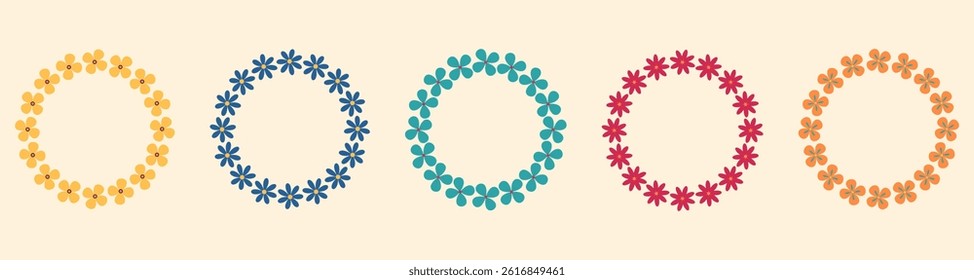 Groovy style flowers wreaths set. Circle frames collection. Simple flowers minimalistic style. Geometric flower. Vector illustrations. Retro bright flowers