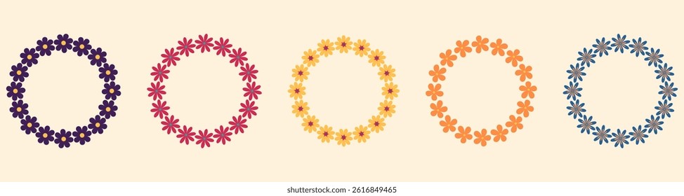 Groovy style flowers wreaths set. Circle frames collection. Simple flowers minimalistic style. Geometric flower. Vector illustrations. Retro bright flowers