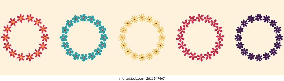 Groovy style flowers wreaths set. Circle frames collection. Simple flowers minimalistic style. Geometric flower. Vector illustrations. Retro bright flowers