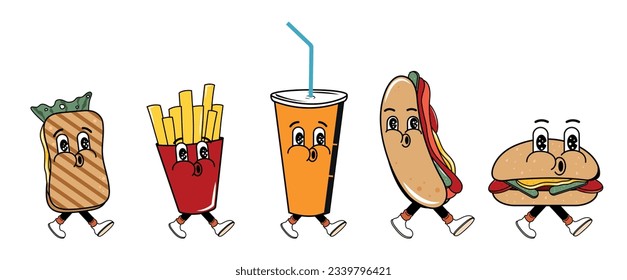 Groovy style food set. 60s and 70s. Hippie. Vector stock illustration. Fast food. Retro characters.