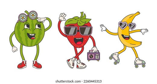 Groovy style fruit set vector illustration