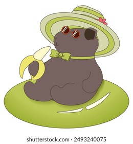 Groovy style funny capybara and banana on the rubber ring. Summer theme isolated white background. Simple flat vector illustration can used t-shirt print, travel flyer template, pool party design. 