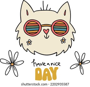 Groovy style, funny cat face, hippie design elements