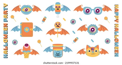 Groovy Style Halloween Character Set. Groovy Psychedelic Halloween Character Set In 90s Style. Groovy Style Halloween Sticker Collection. Psychedelic, Nostalgic, Hippie, Halloween.