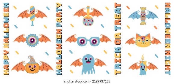 Groovy Style Halloween Character Set. Groovy Psychedelic Halloween Character Set In 90s Style. Groovy Style Halloween Sticker Collection. Psychedelic, Nostalgic, Hippie, Halloween.