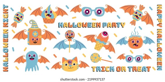 Groovy Style Halloween Character Set. Groovy Psychedelic Halloween Character Set In 90s Style. Groovy Style Halloween Sticker Collection. Psychedelic, Nostalgic, Hippie, Halloween.