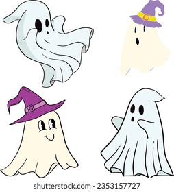 Groovy style Halloween ghost set. Cute ghost characters with different emotions. Groovy Ghost Witch