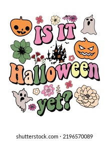 Groovy style Halloween typography t-shirt design, vintage typography t-shirt design, retro Halloween t-shirt design, groovy t-shirt design.