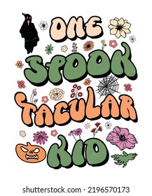 Groovy style Halloween typography t-shirt design, vintage typography t-shirt design, retro Halloween t-shirt design, groovy t-shirt design.