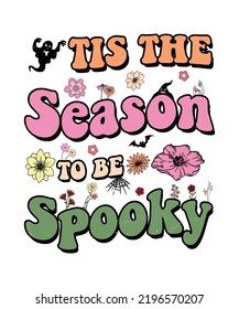 Groovy style Halloween typography t-shirt design, vintage typography t-shirt design, retro Halloween t-shirt design, groovy t-shirt design.