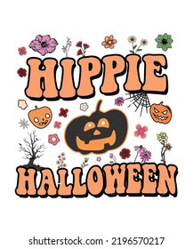 Groovy style Halloween typography t-shirt design, vintage typography t-shirt design, retro Halloween t-shirt design, groovy t-shirt design.