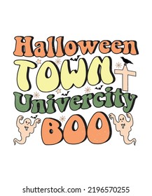 Groovy style Halloween typography t-shirt design, vintage typography t-shirt design, retro Halloween t-shirt design, groovy t-shirt design.